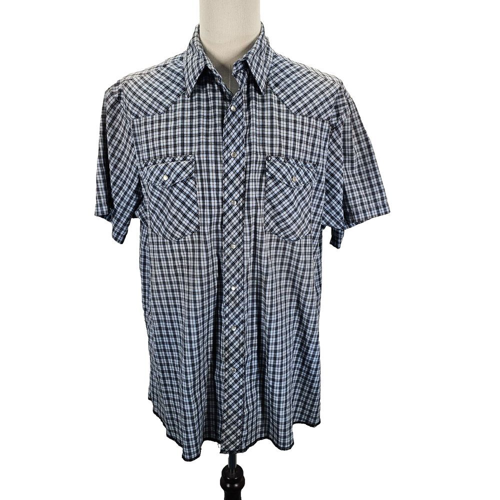 Wrangler Pearl Snap Button Down Plaid Western Shirt Men's Size 2XT Black Blue